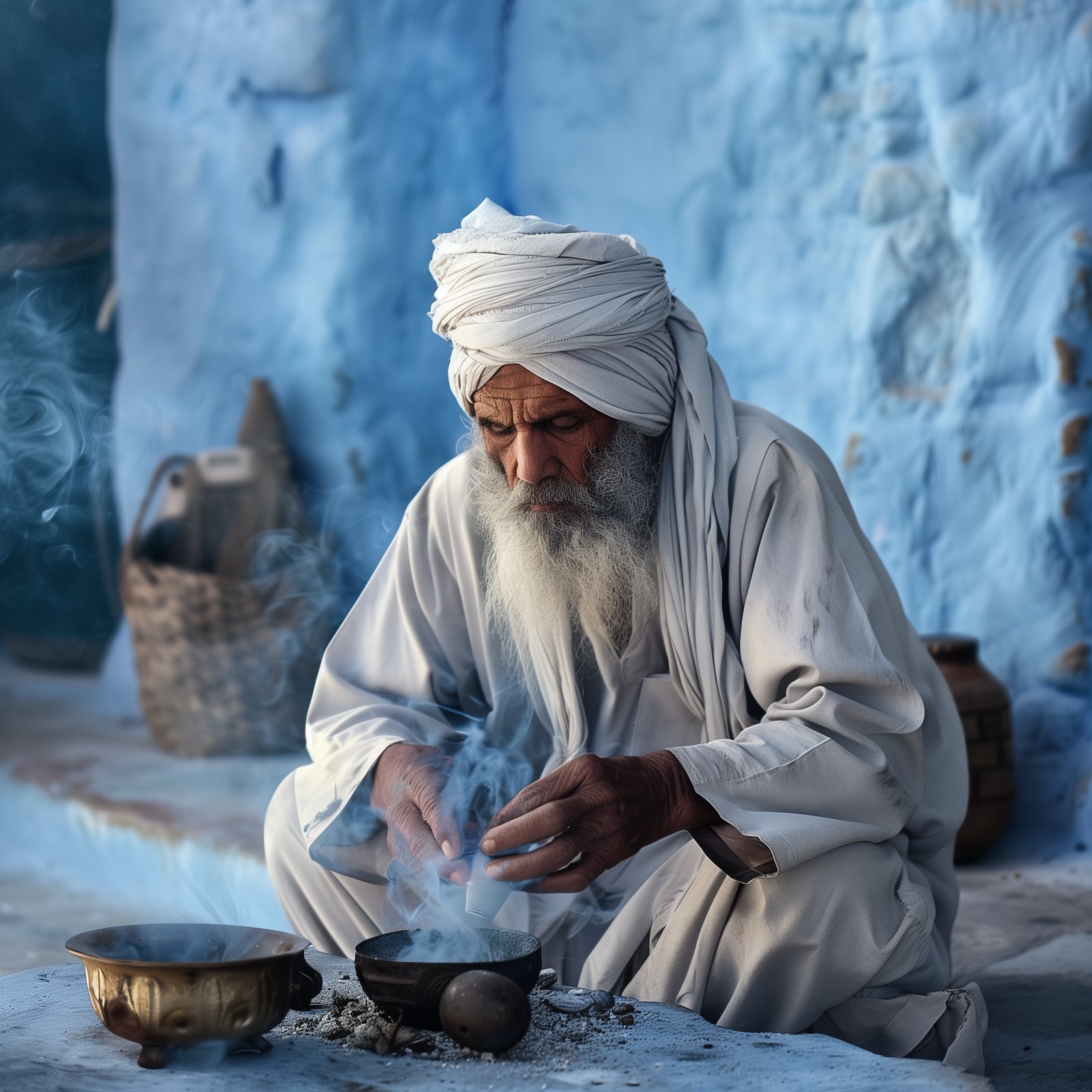 Älterer Mann mit traditioneller Kleidung bei der Arbeit mit Harzen und Rauch – Symbolbild für antike Parfumkunst