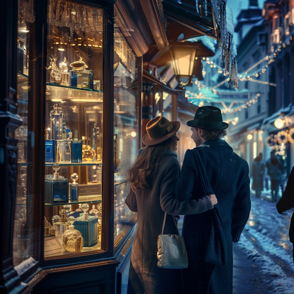 Paar vor weihnachtlich geschmücktem Parfumgeschäft in der Altstadt – stimmungsvolle Wintereinkaufsatmosphäre