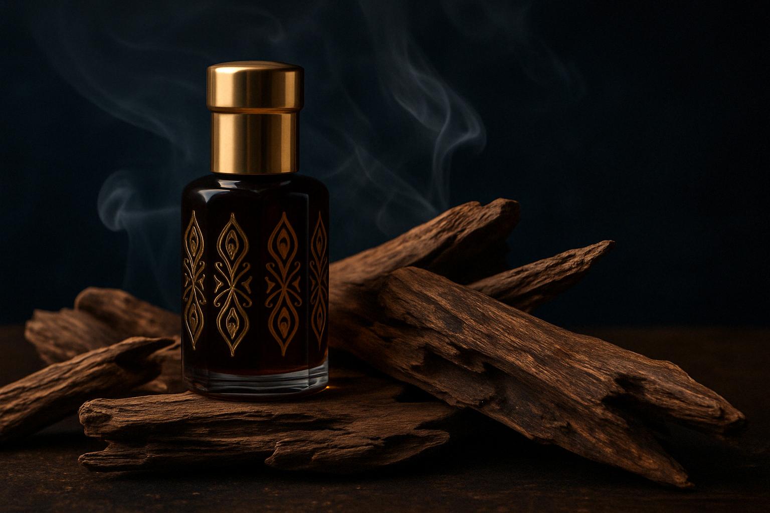 Dunkles Parfumfläschchen mit goldenen Ornamenten auf echtem Oud-Holz, umgeben von Rauch – Symbol für Tiefe, Luxus und Mystik