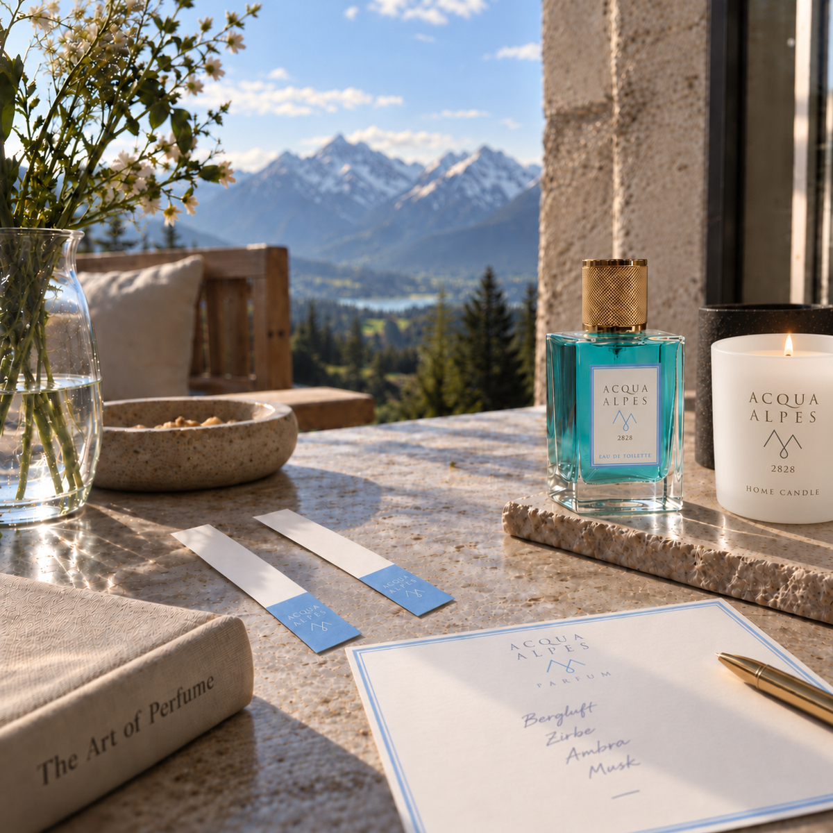ACQUA ALPES 2828 Eau de Toilette e Home Candle con due mouillettes e un cartoncino profumato brandizzato davanti a uno scenario alpino.