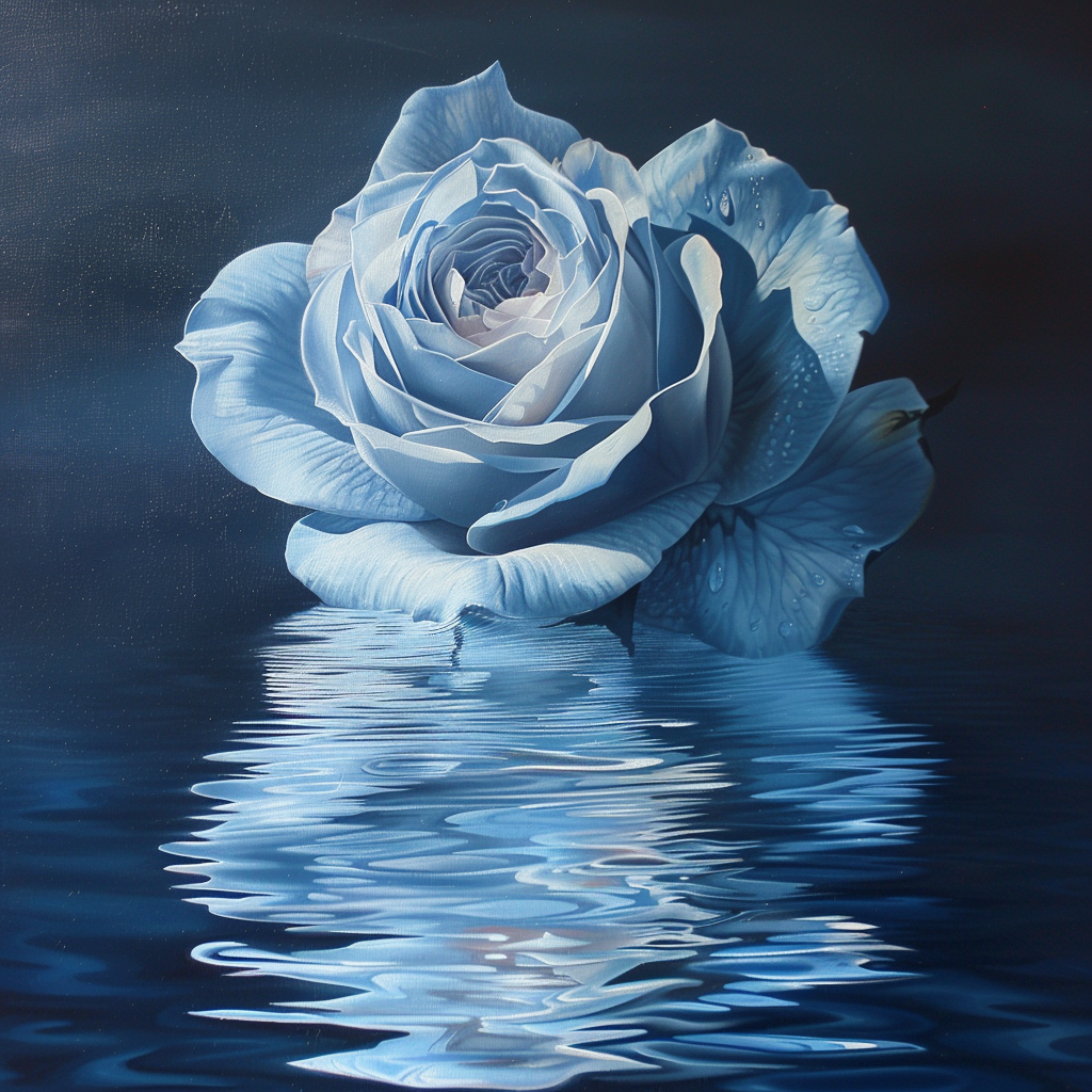 Blaue Rose mit Tautropfen auf Wasser – Symbolbild für Reinheit, Eleganz und die Sinnlichkeit von Rosenöl