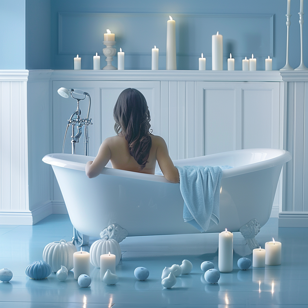 Frau entspannt in blau-weißem Badezimmer – Symbol für Duft, Achtsamkeit und Aromatherapie mit Acqua Alpes